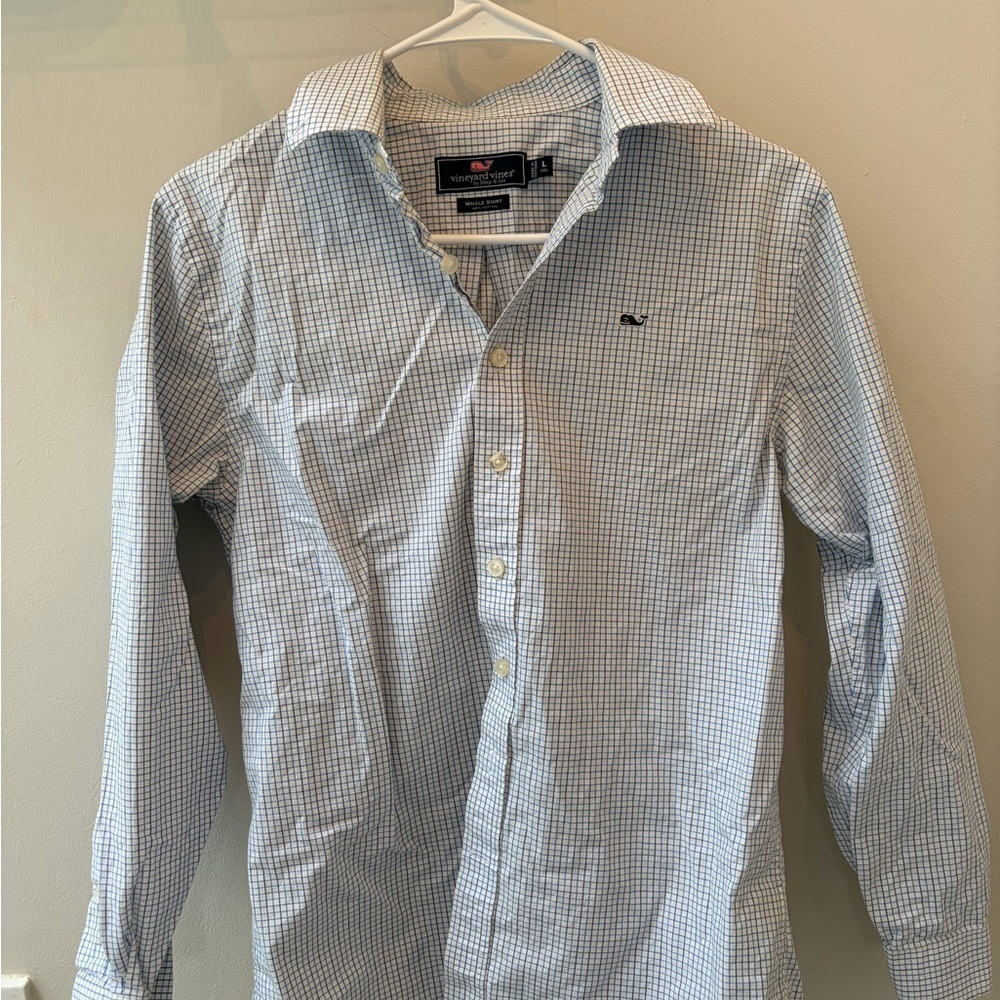 Boys large 16 Blue Check stripe dress casual longsleeeve button down shirt